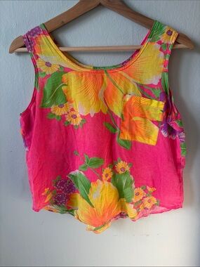 Vintage Pink Floral Tank Top with Yellow Accents